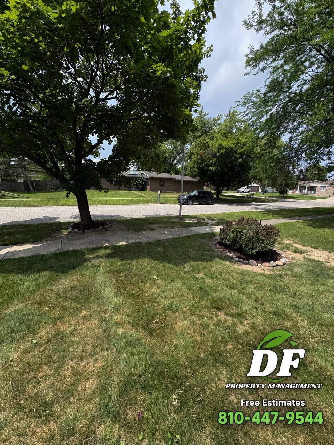 Front yard with crisp mower stripes and a tidy stone-edged planting bed